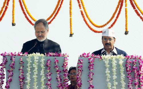 Arvind Kejriwal takes oaths, hits all the right notes