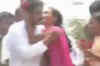 College girls kiss Chiranjeevi during a road show